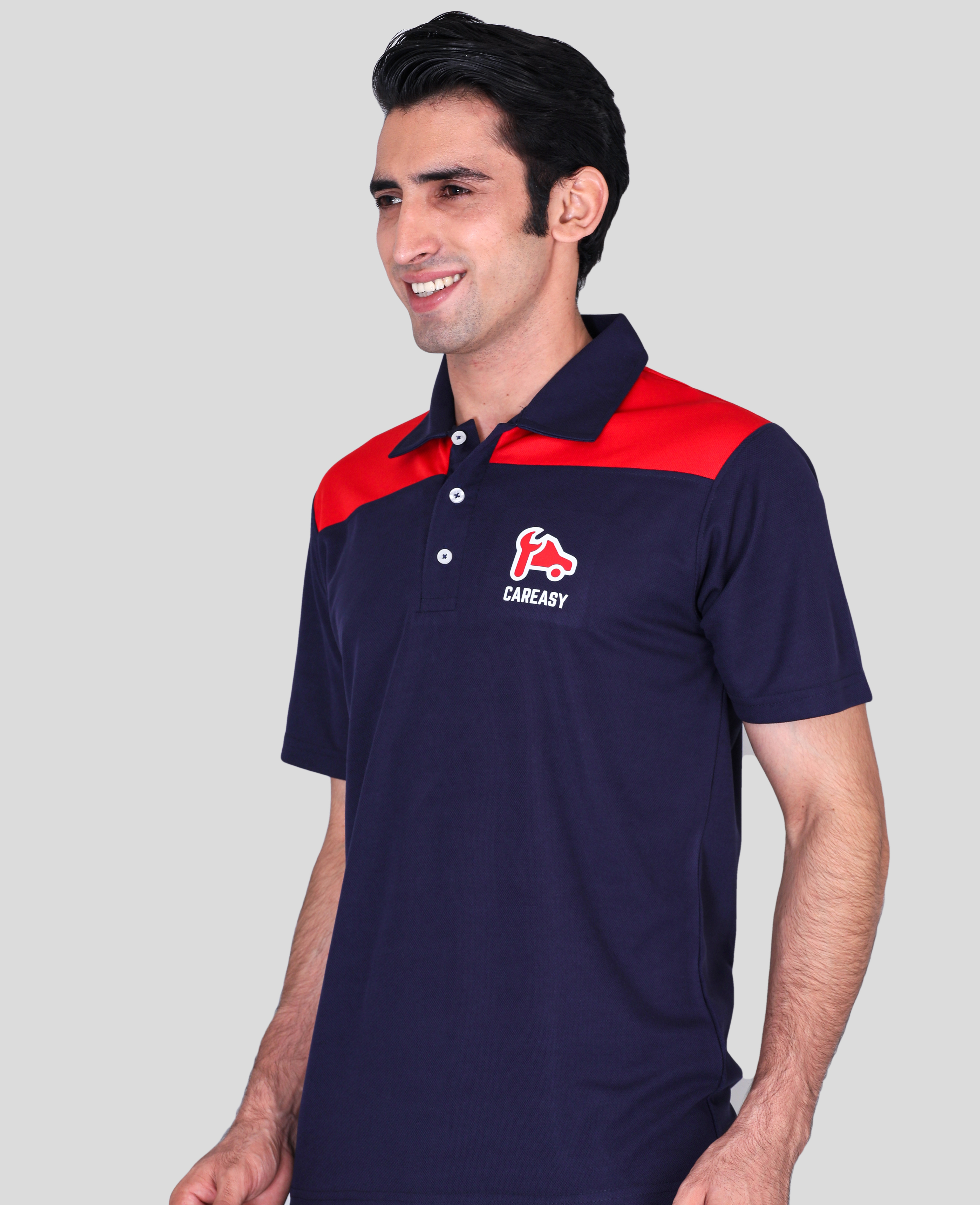 Blue and red dual colour dry fits t-shirts with company logo