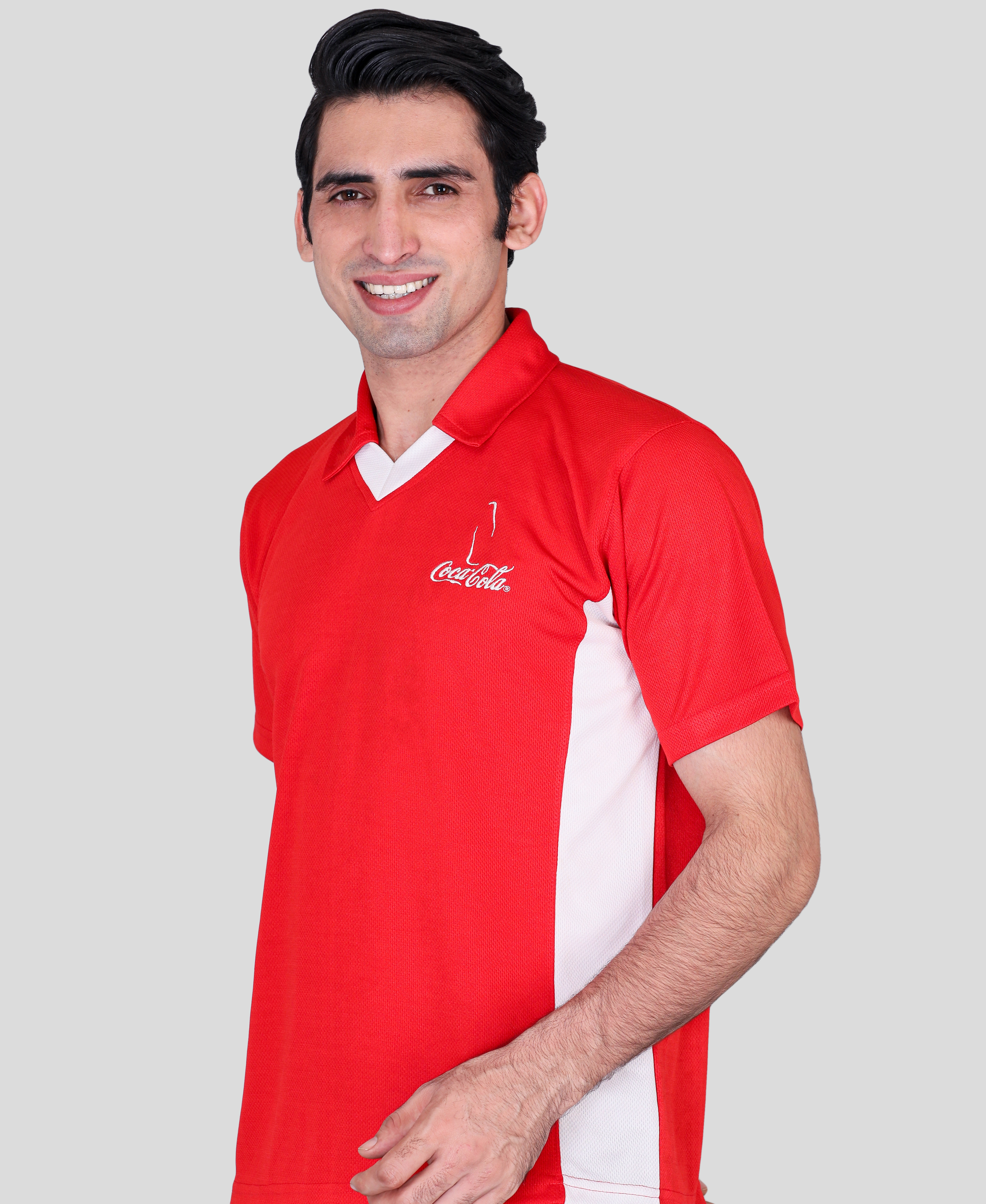 White and red combination dry fits t-shirts with company logo