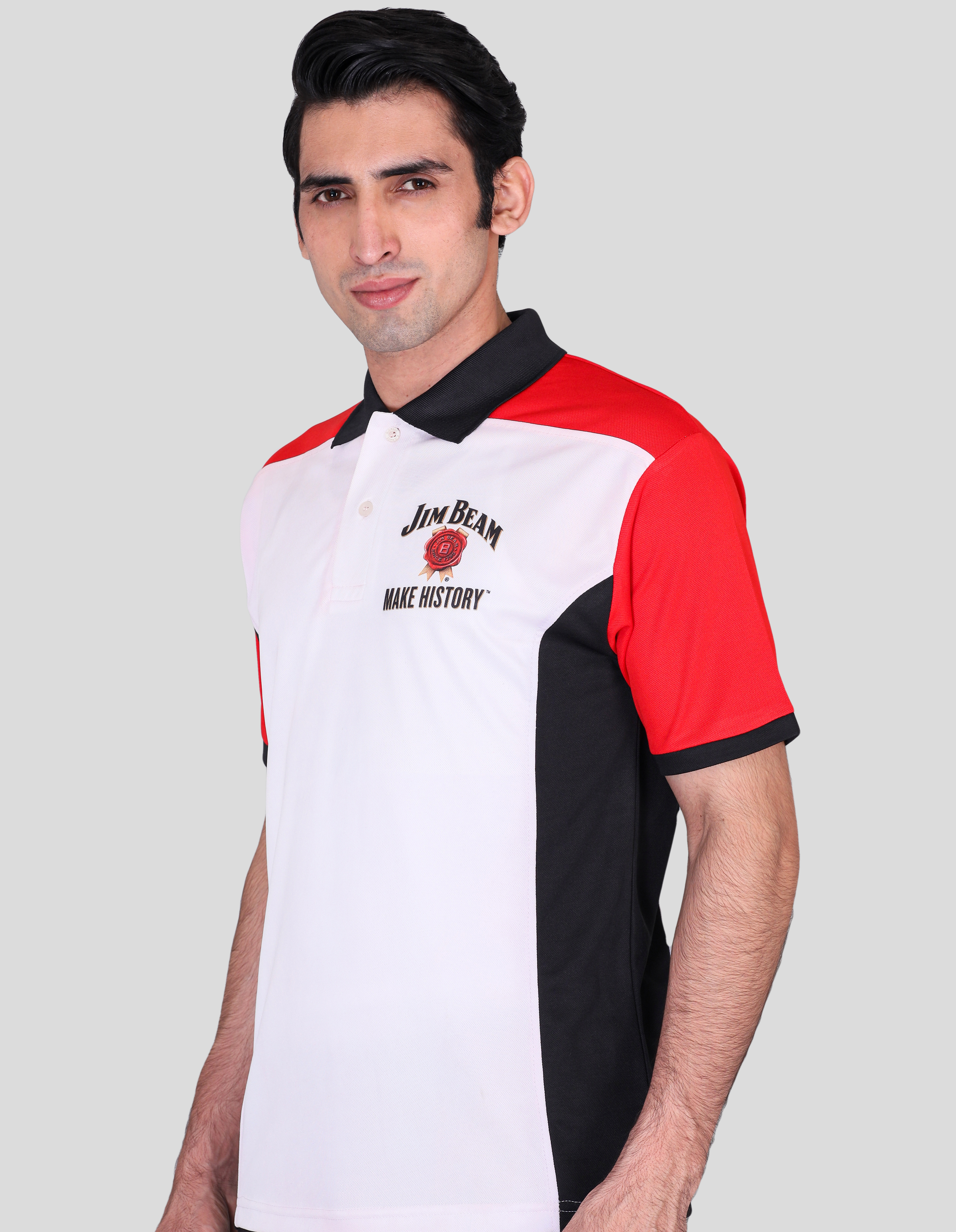 Jim beam white red and black combination dry fits t-shirts with company logo