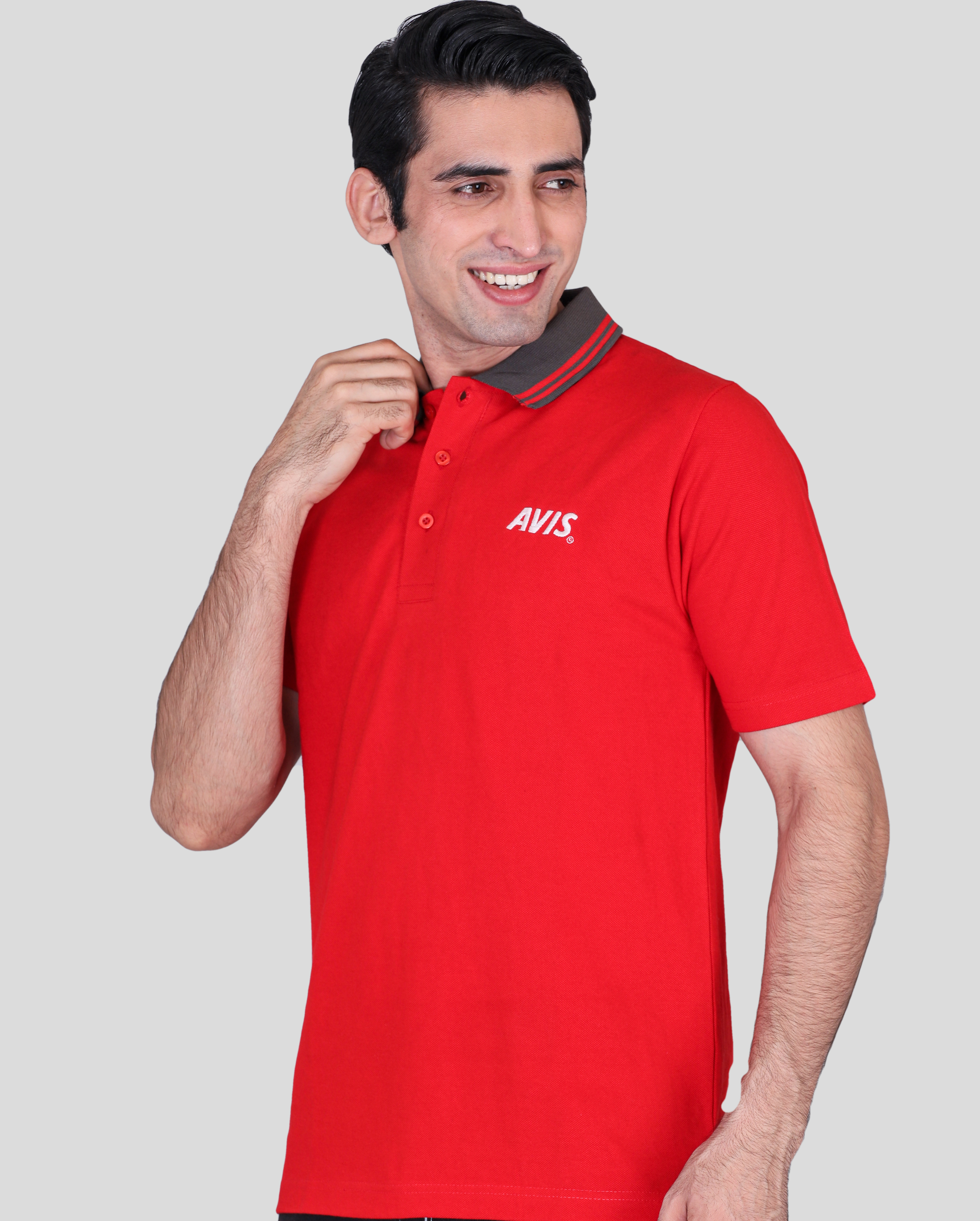 Avis grey collar with red tipping custom polo t-shirts with company logo