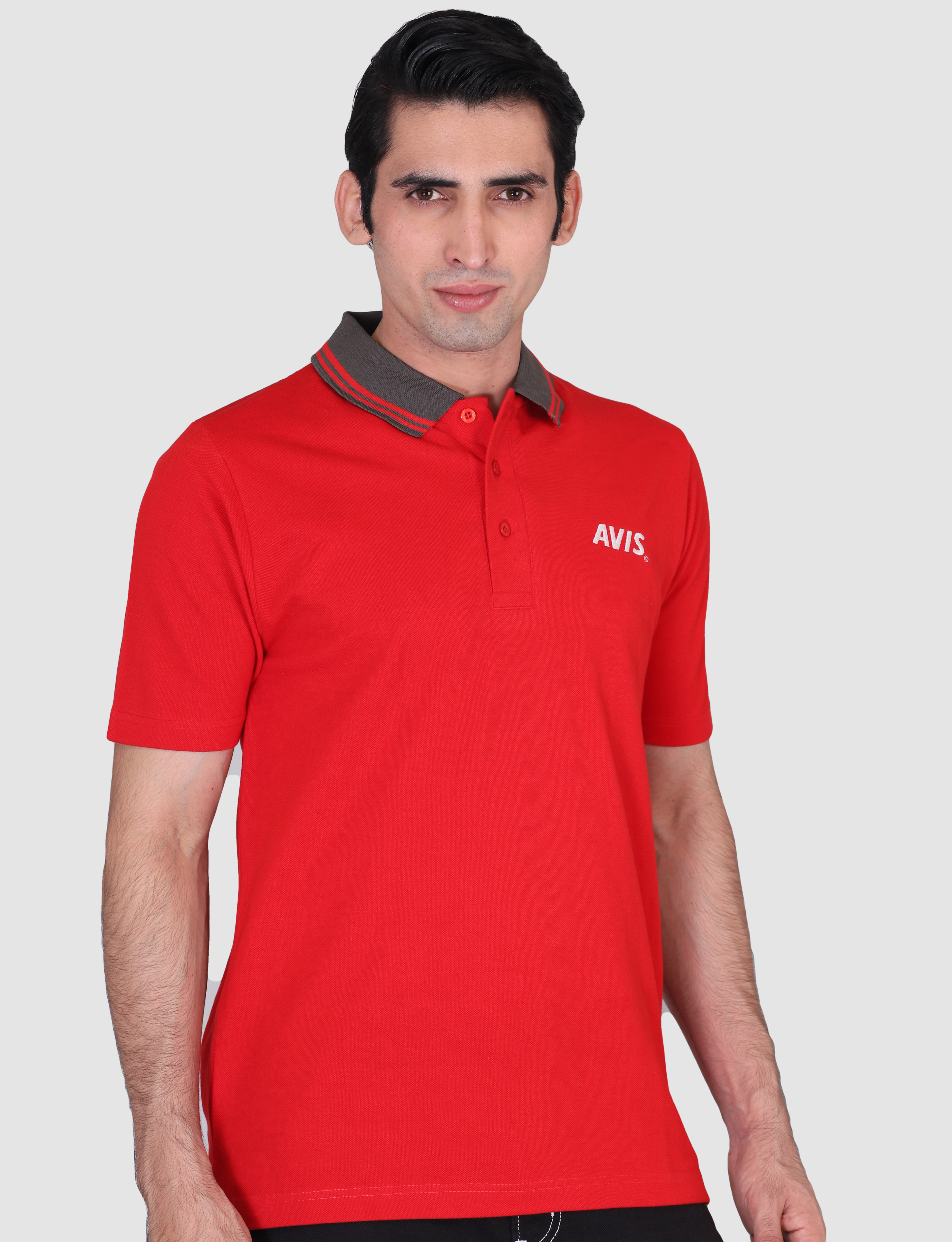 Avis grey collar with red tipping promotional polo t-shirts supplier 