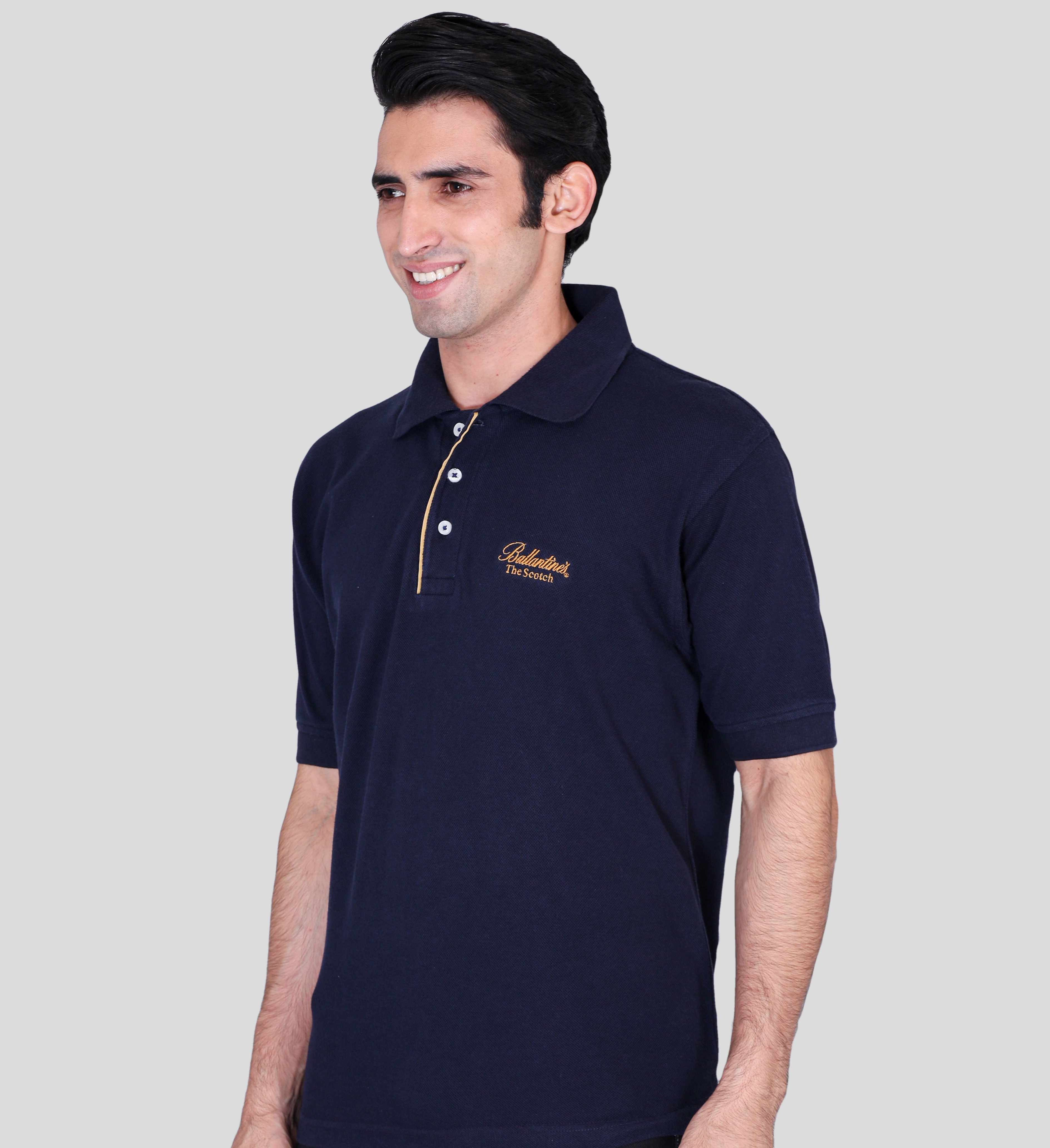 Ballantines navy blue custom polo t-shirts with company logo