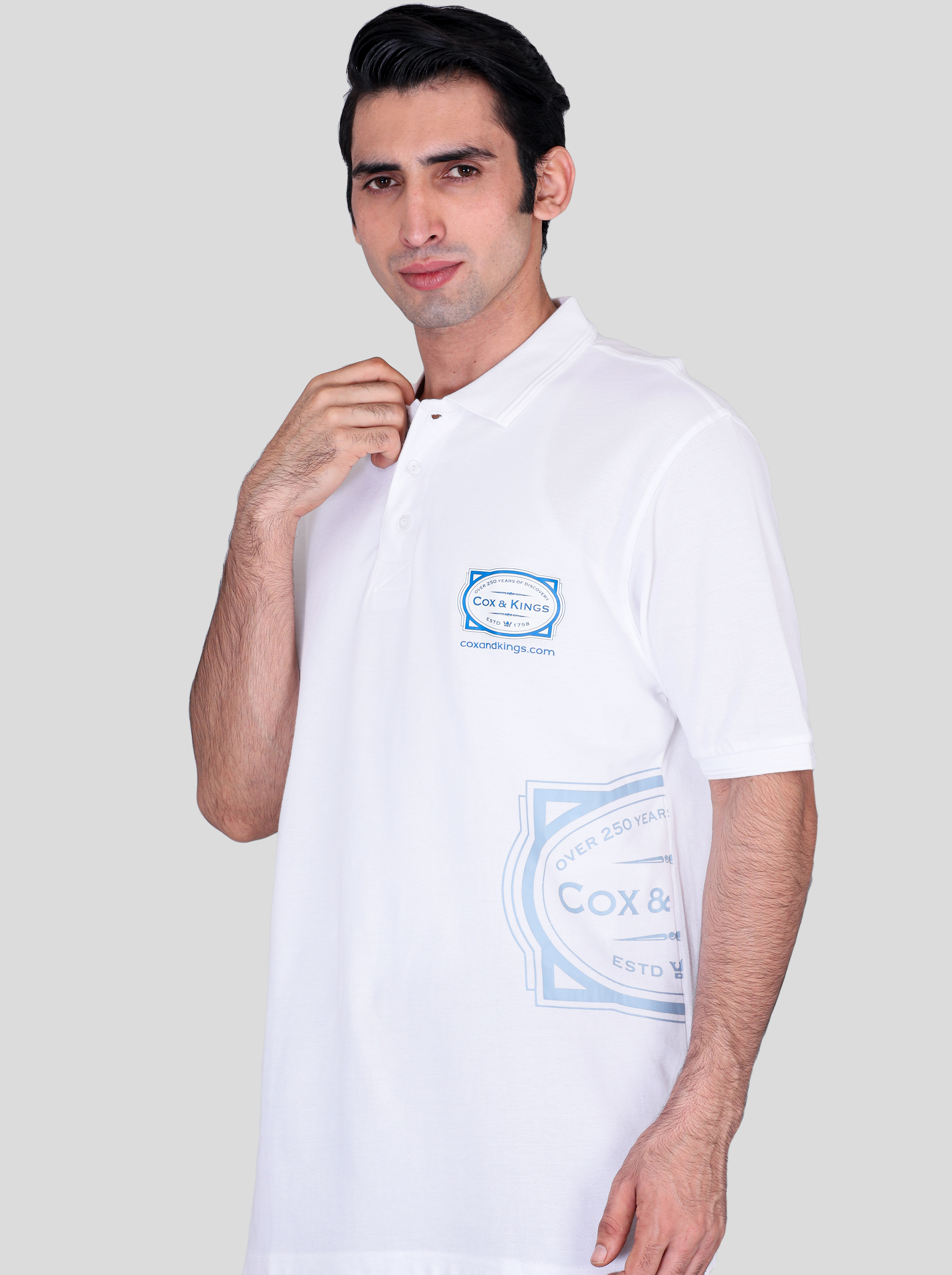 Cox white custom polo t-shirts with company logo