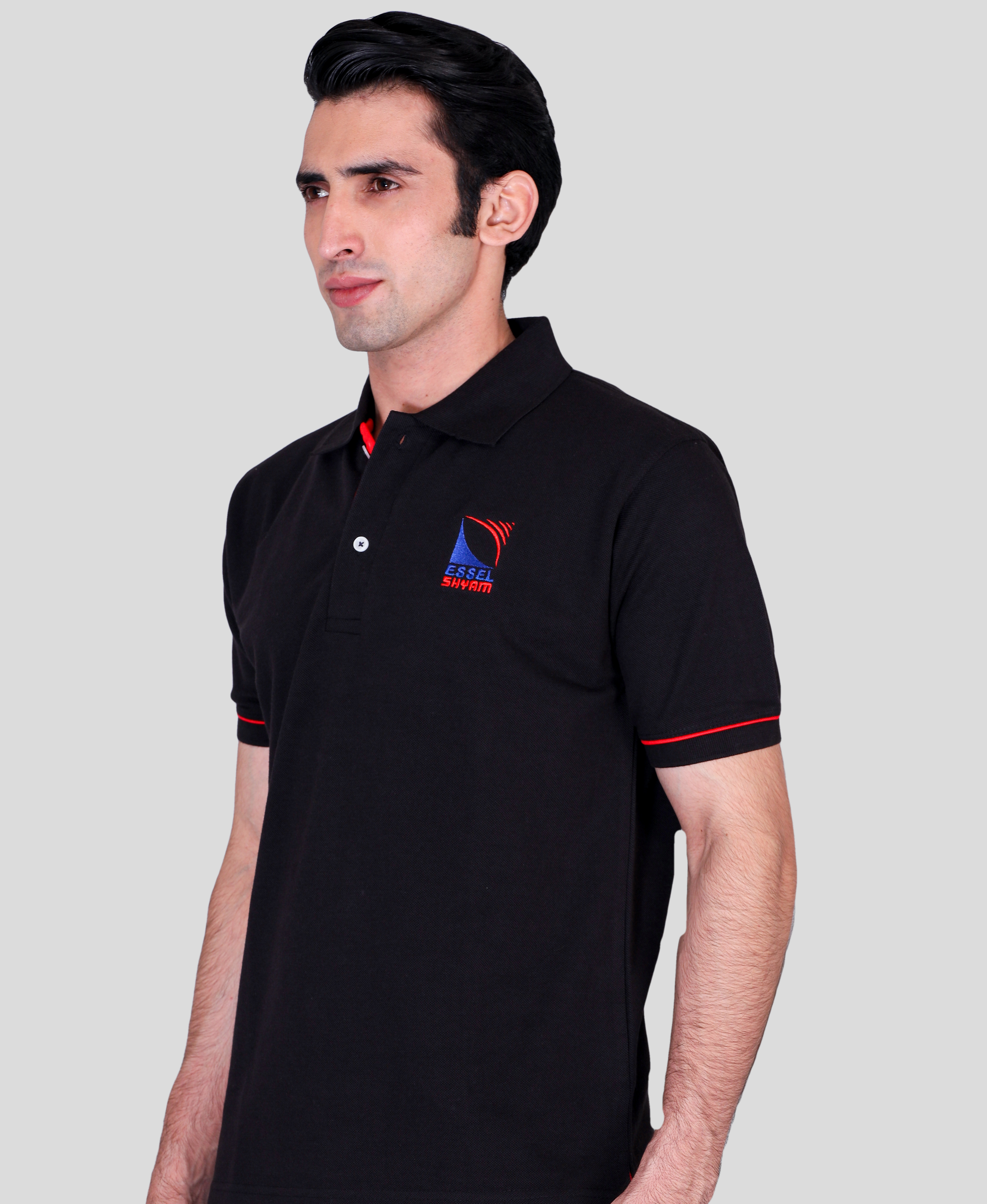Essel Shyam black custom polo t-shirts with company logo
