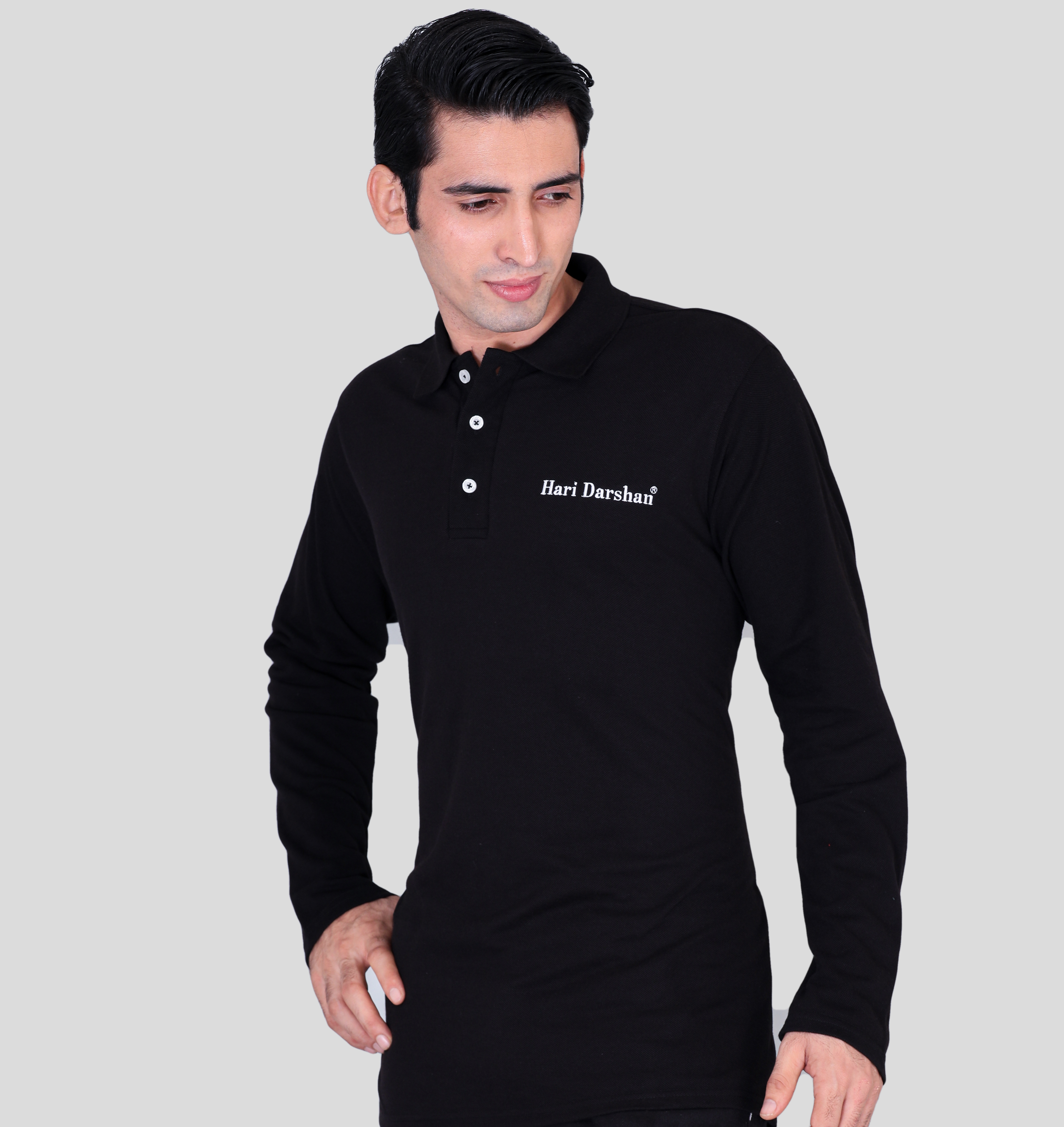 Hari Darshan black custom polo t-shirts with company logo