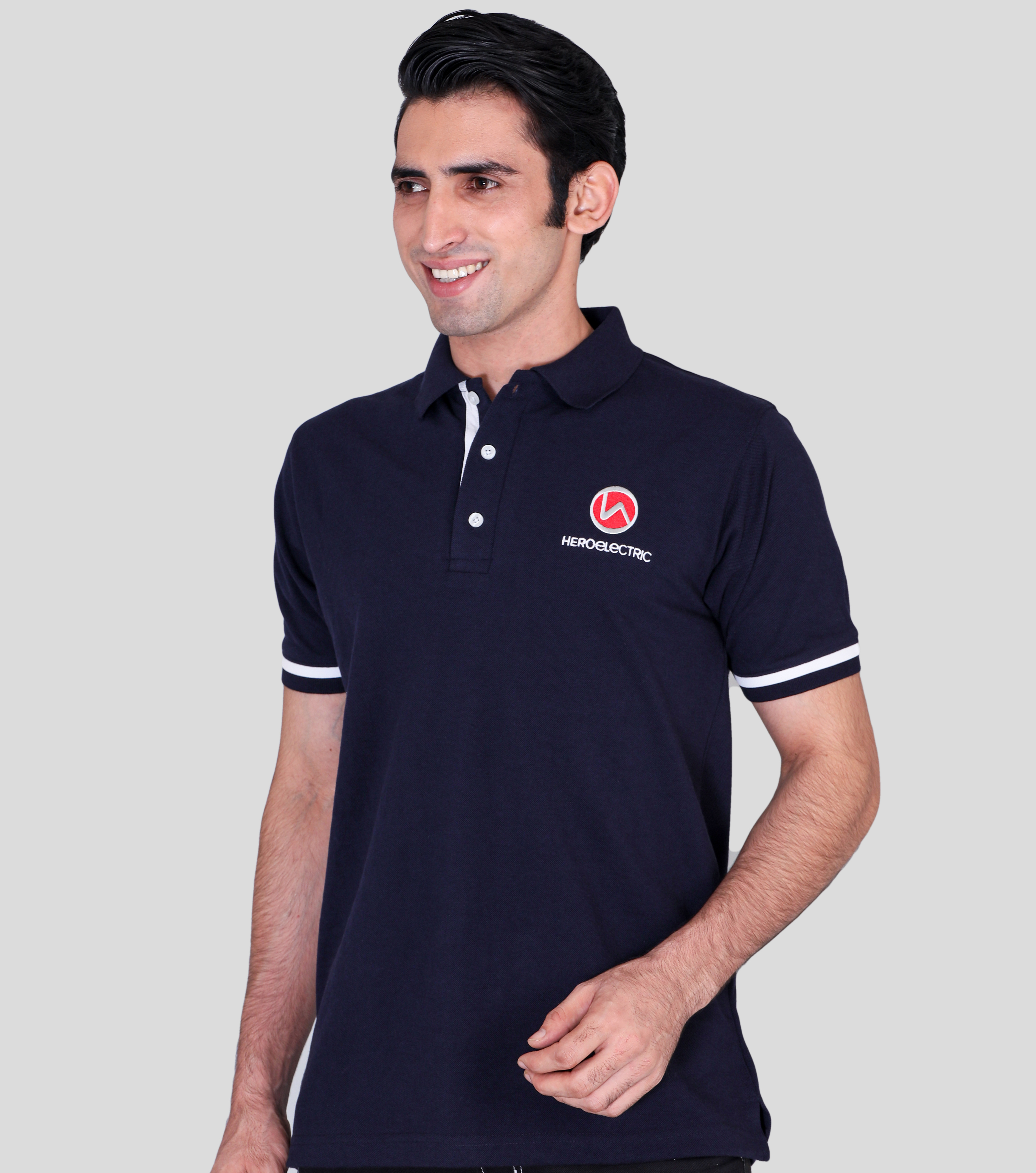 Hero electric navy blue custom polo t-shirts with company logo