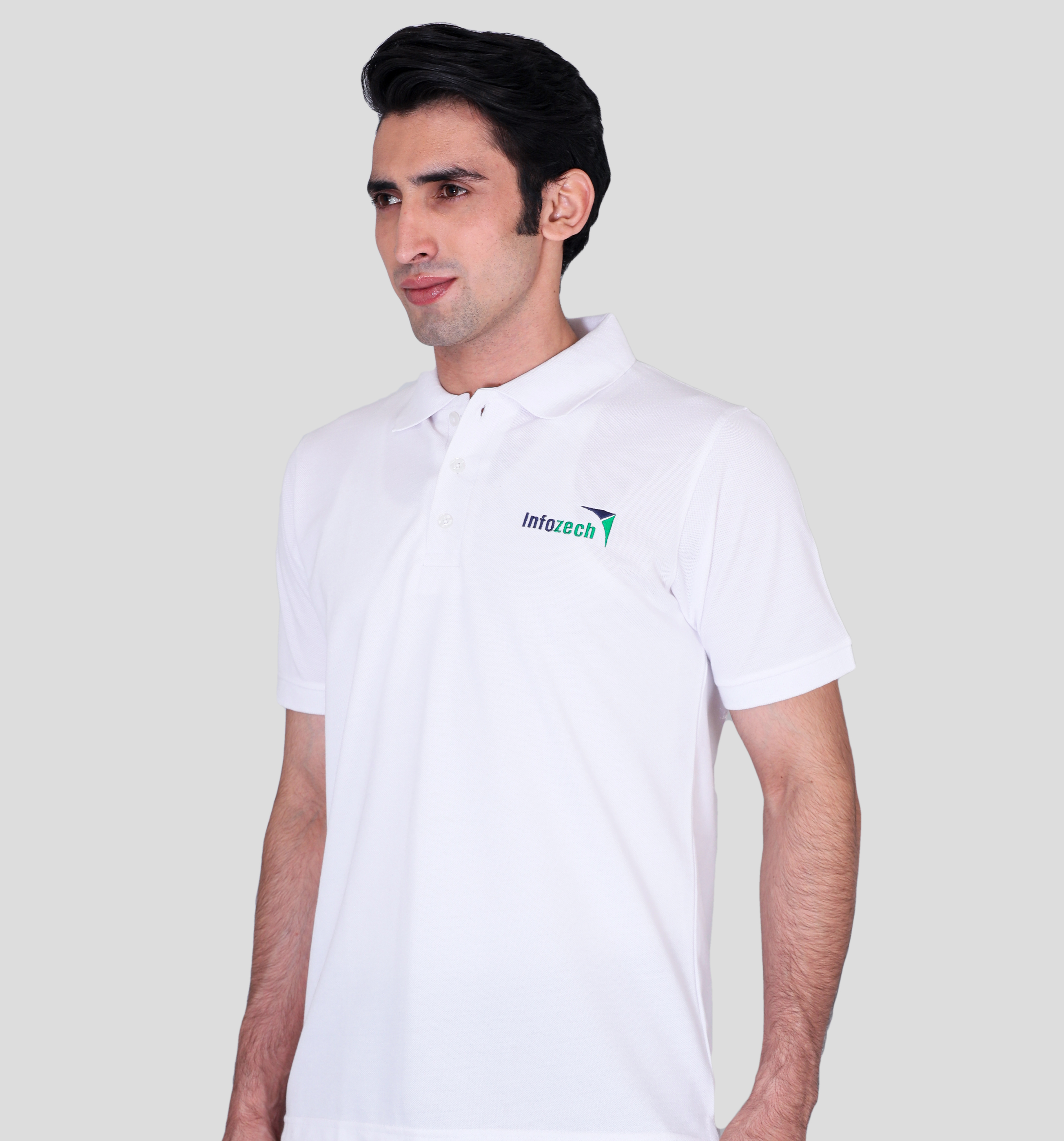 Infozech white custom polo t-shirts with company logo
