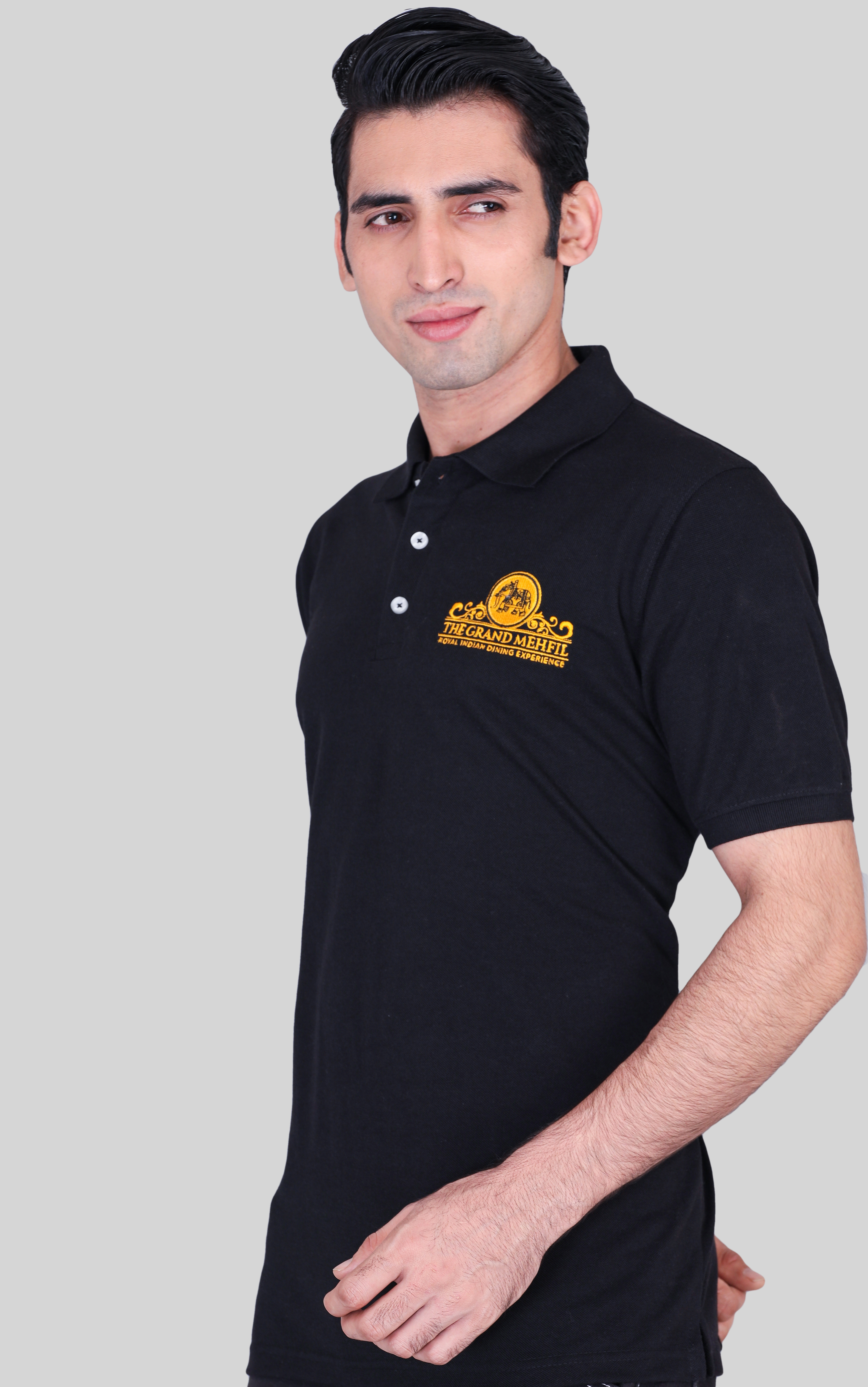 The grand mehfil black custom polo t-shirts with company logo