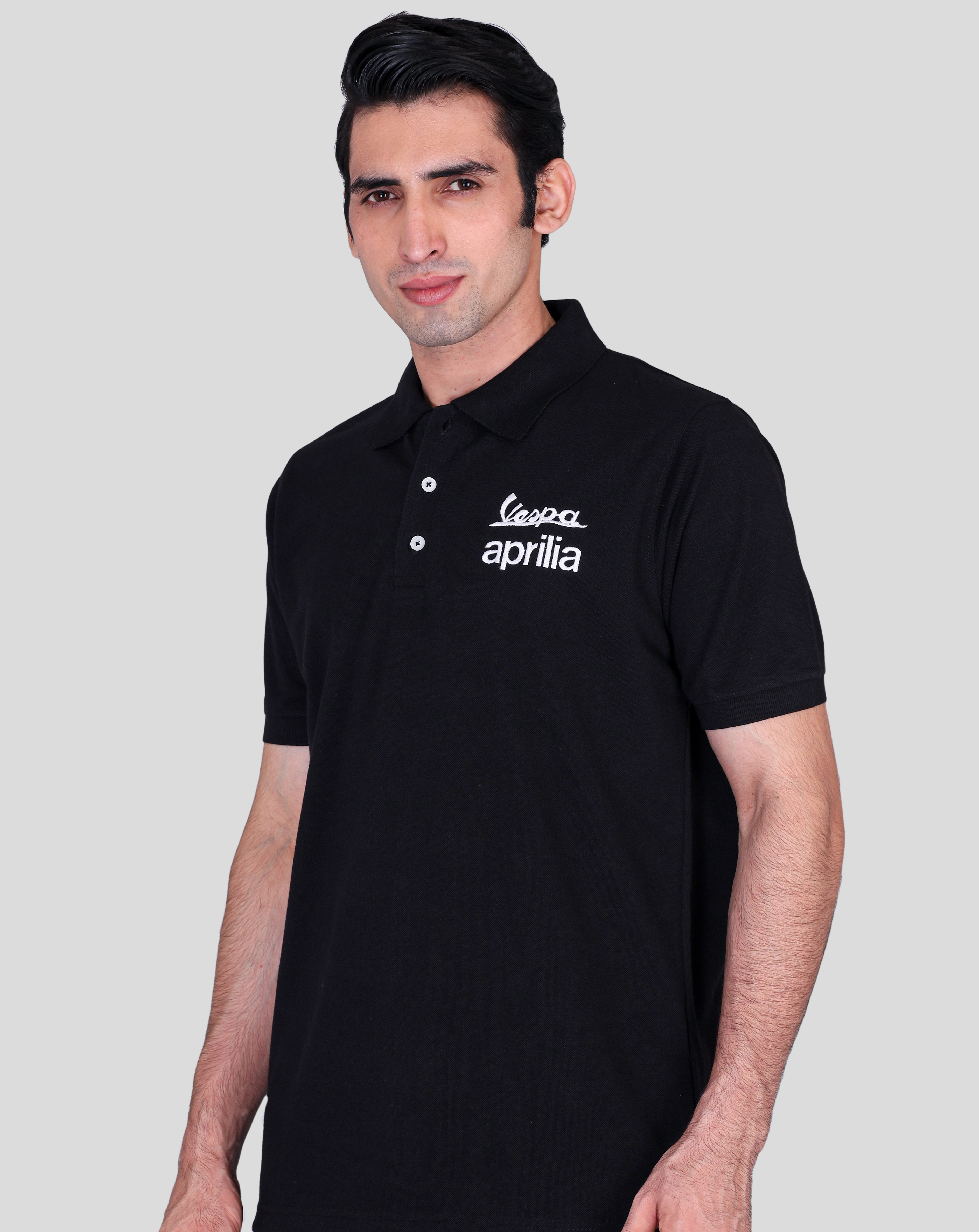 Vespa black polo t-shirts with company logo