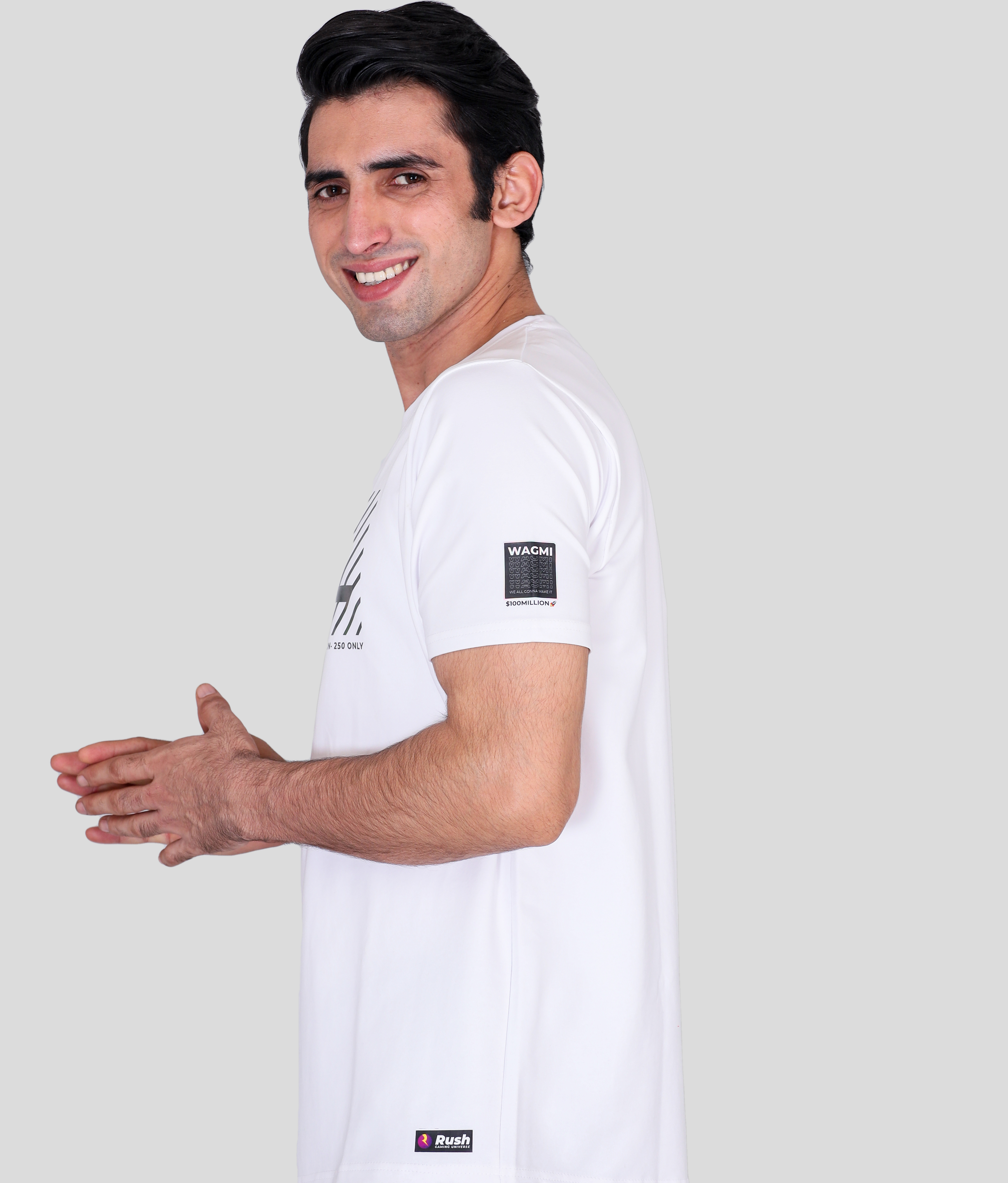 White cotton terry lycra tee round neck t-shirts with company logo